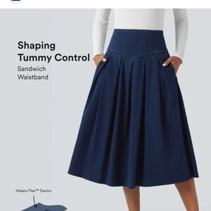 Halara Flex High Waisted Tummy Control Pleated midi  Denim Skirt  Pockets  L NWT